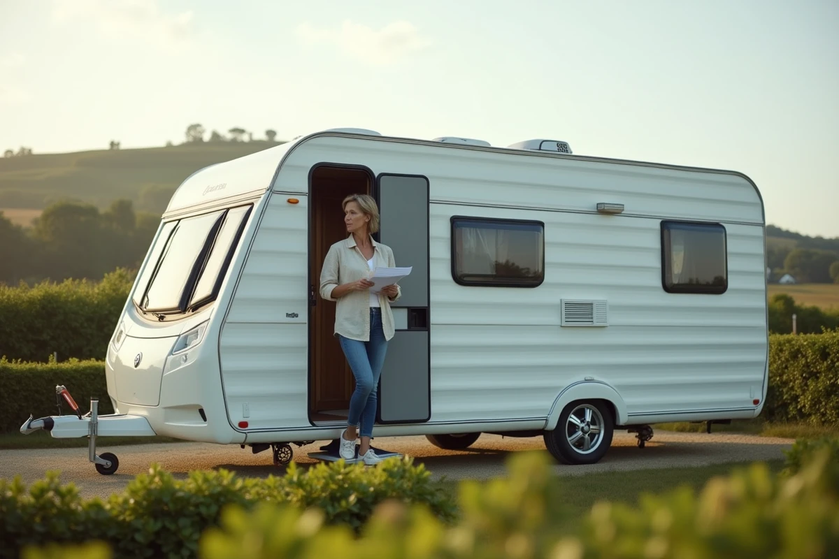 Femme devant une caravane installée sur un terrain à louer en milieu rural