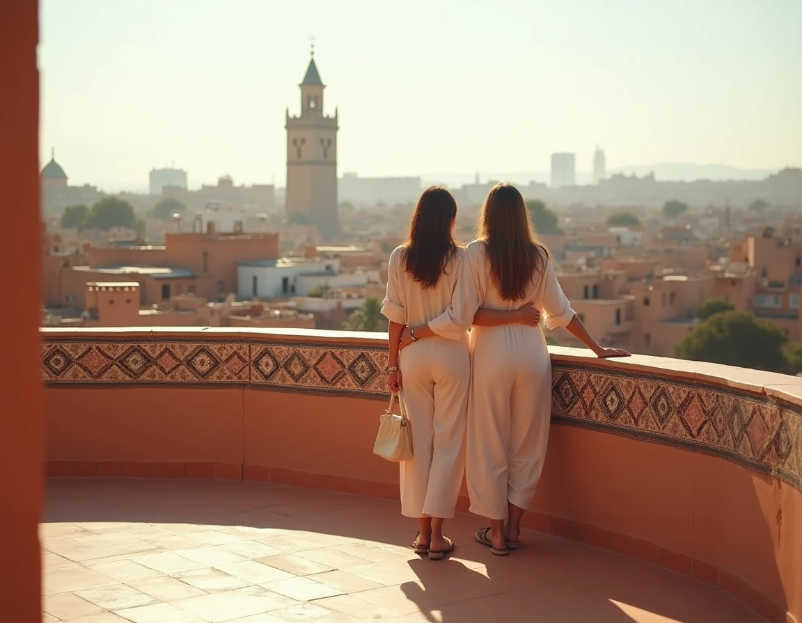 Couple sur une terrasse de riad avec vue panoramique sur les toits ocres de la médina de Marrakech et le minaret de la Koutoubia