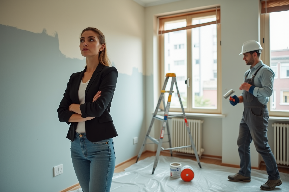 Femme et ouvrier peignant un mur dans un intérieur