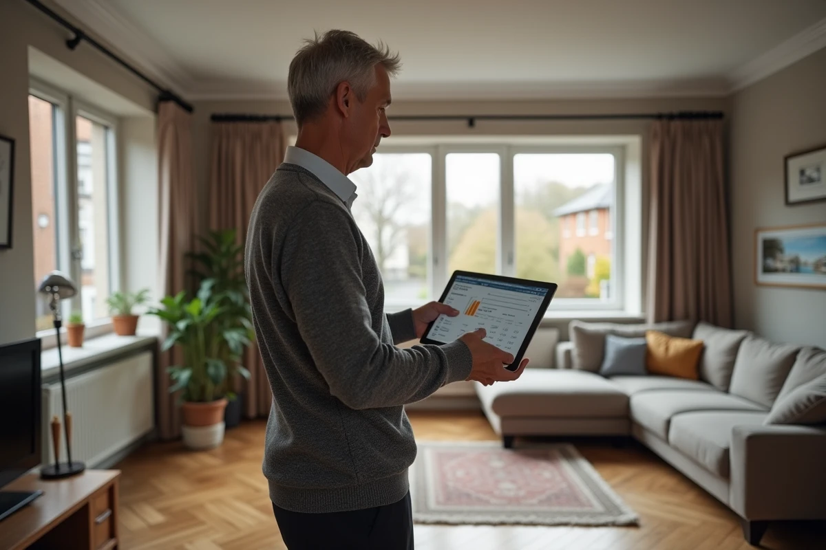 Vendeur immobilier présentant une estimation de bien sur tablette dans un salon à vendre
