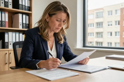 Vendeuse en copropriété révisant un pré-état daté vierge à son bureau à domicile