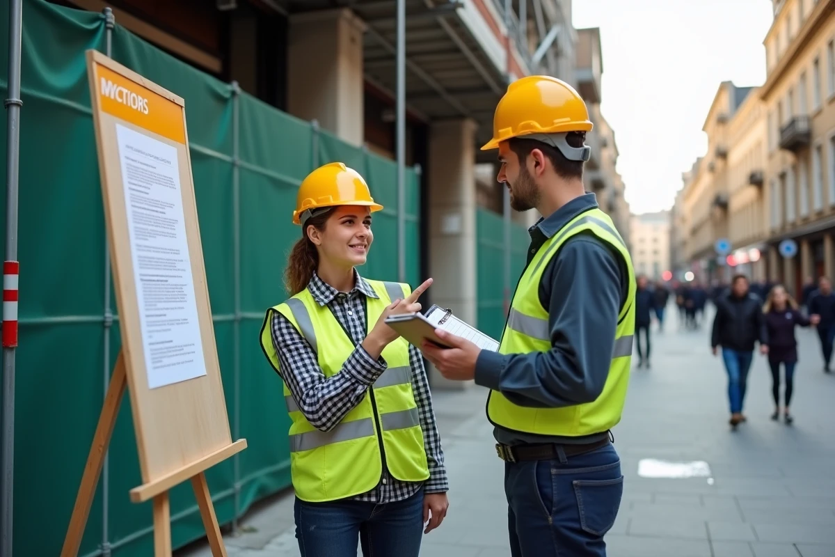 Deux ouvriers vérifiant le panneau d'affichage réglementaire d'un chantier de rénovation commerciale en milieu urbain