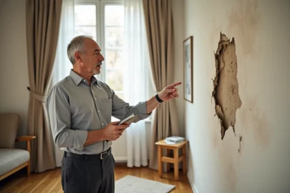 Propriétaire constatant un vice caché lié à des dégâts d'humidité sur le mur d'une maison récemment achetée