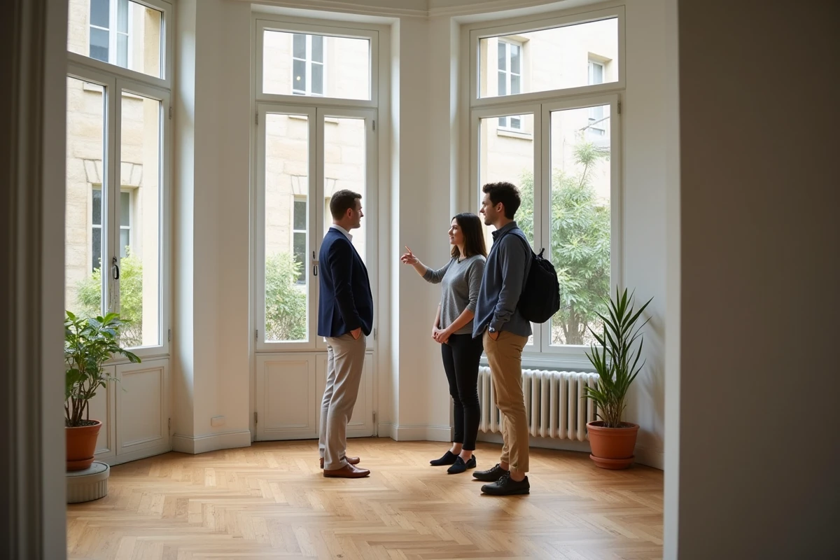 Agente immobilière présentant un appartement rénové à des locataires potentiels dans un quartier de Saint-Étienne