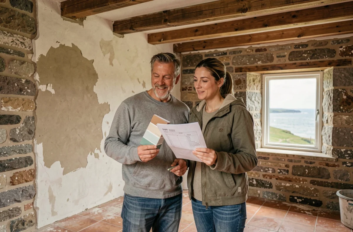 Couple visitant une ancienne maison normande à rénover près de la mer, murs en pierre apparente et poutres en chêne