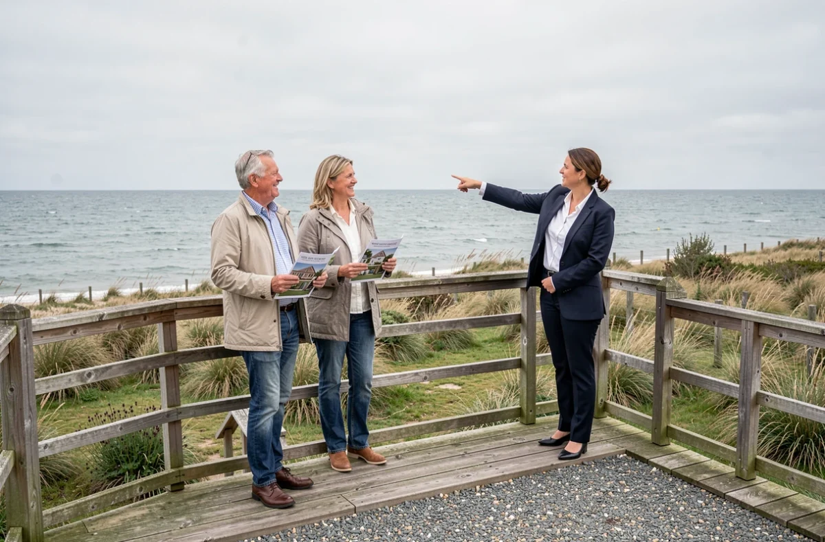 Couple visitant une maison à vendre en bord de mer en Normandie avec une agente immobilière sur la terrasse