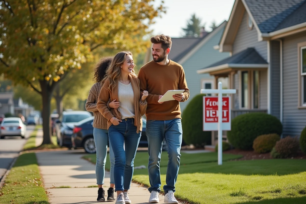Jeune couple visitant une maison avec une agente immobiliere