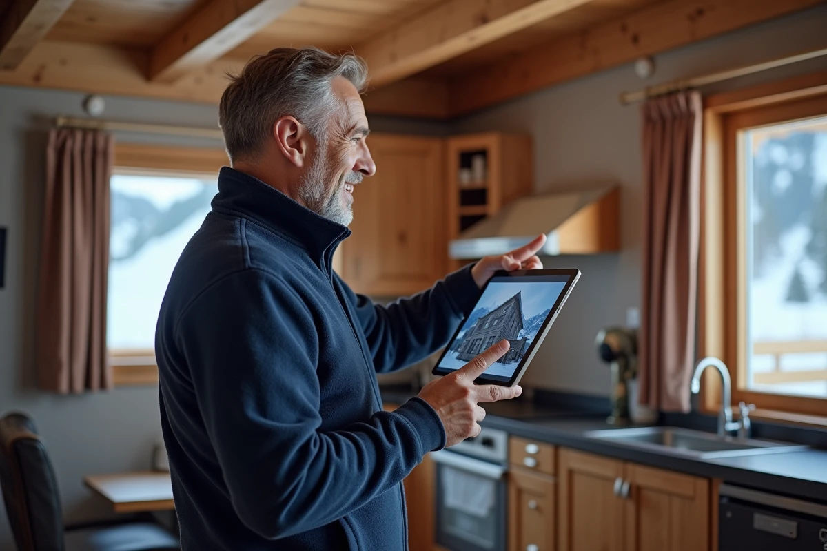 Agent immobilier faisant visiter un appartement aux Menuires en visioconférence à un acheteur à distance
