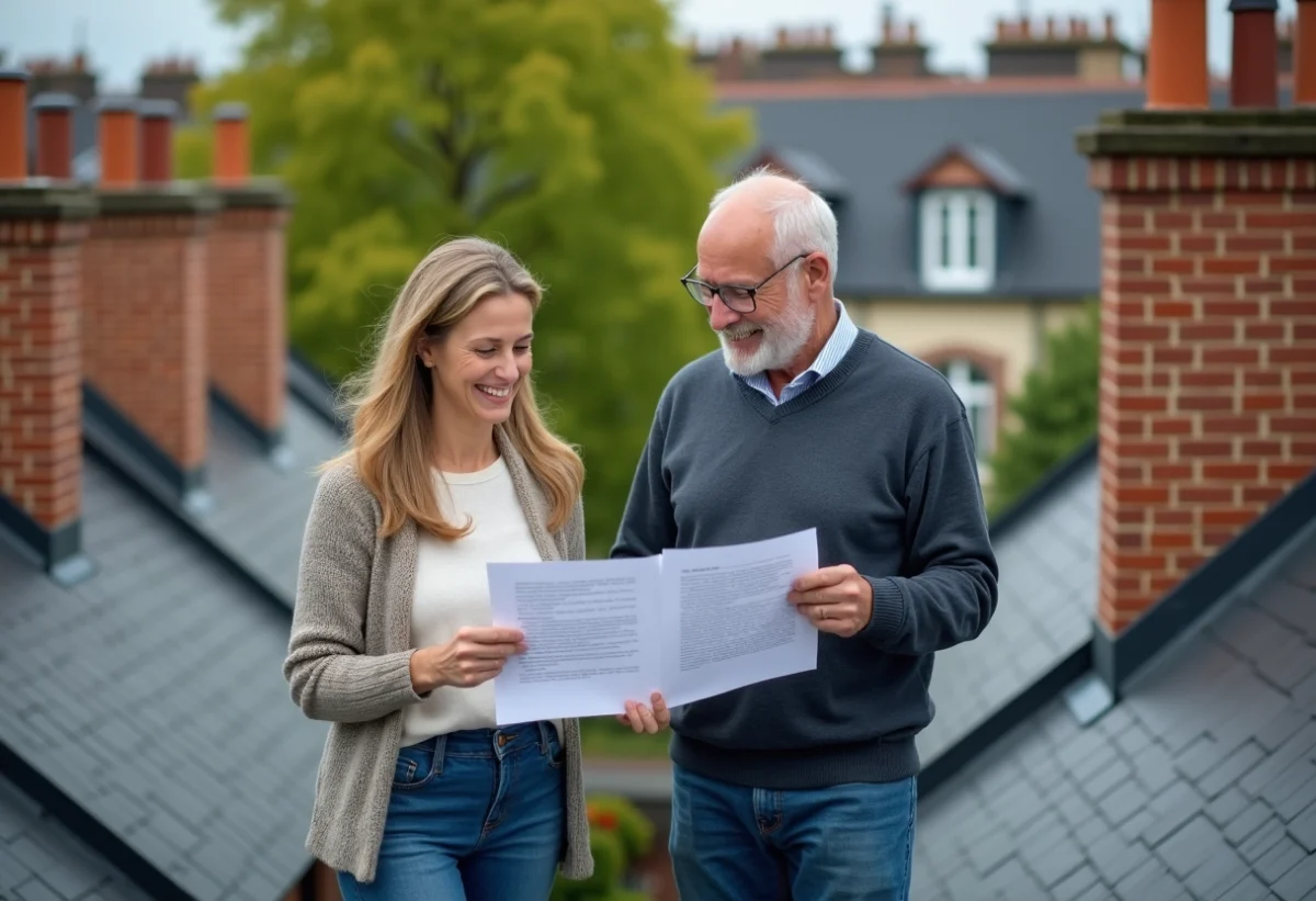 Voisins discutant d'un accord de copropriete sur le toit