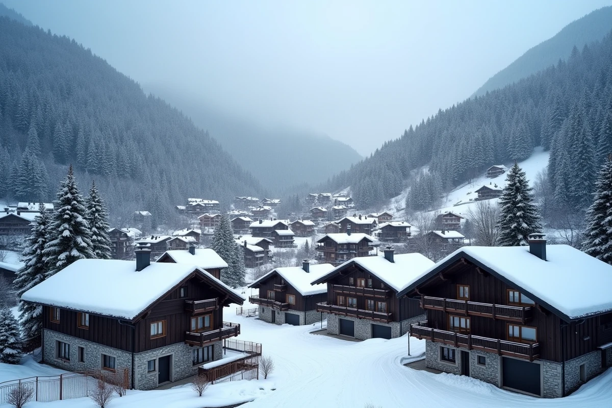 Vue panoramique du village des Menuires avec immeubles de ski à vendre sur les pistes en hiver