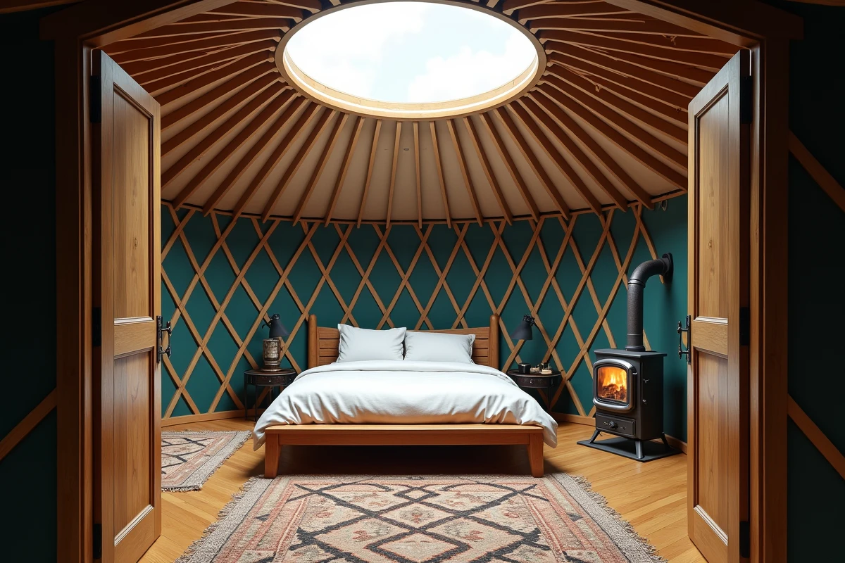 Intérieur haut de gamme d'une yourte avec lit en lin, tapis kilim, poêle en fonte et structure en bois laqué bleu et or
