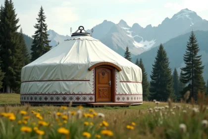 Yourte de luxe avec toile blanche ornementée et porte en bois sculpté installée dans une prairie alpine avec vue sur les montagnes